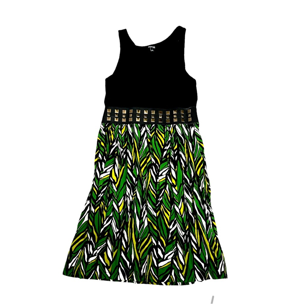 Apt 9 Women's Sleeveless Black Top & Green Geometric Skirt Dress M